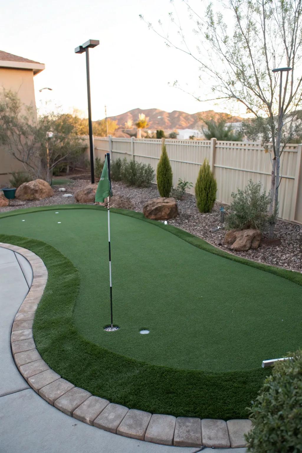 A custom backyard putting green providing endless entertainment.