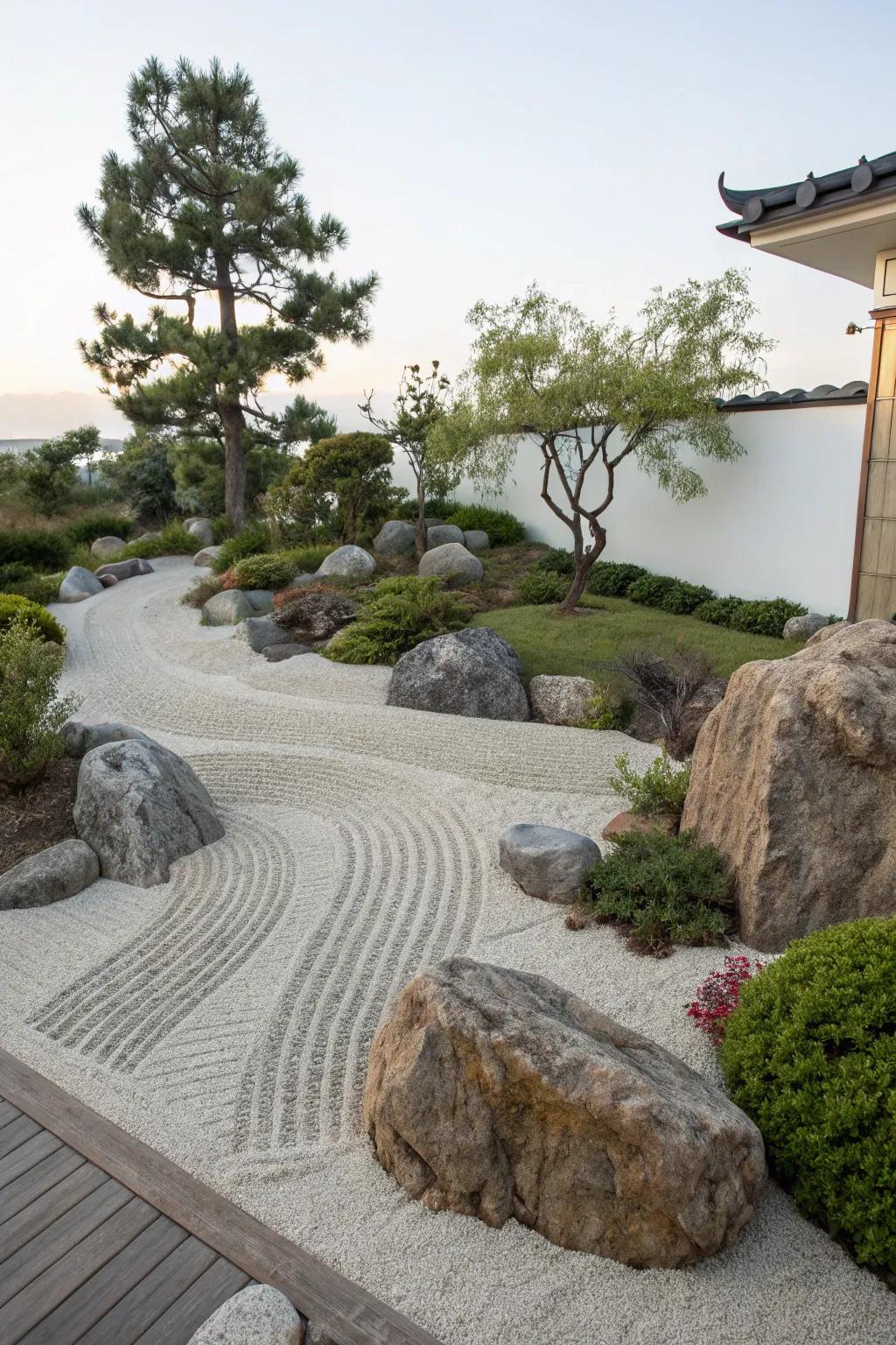 A Zen garden offers tranquility and calmness on a hillside.