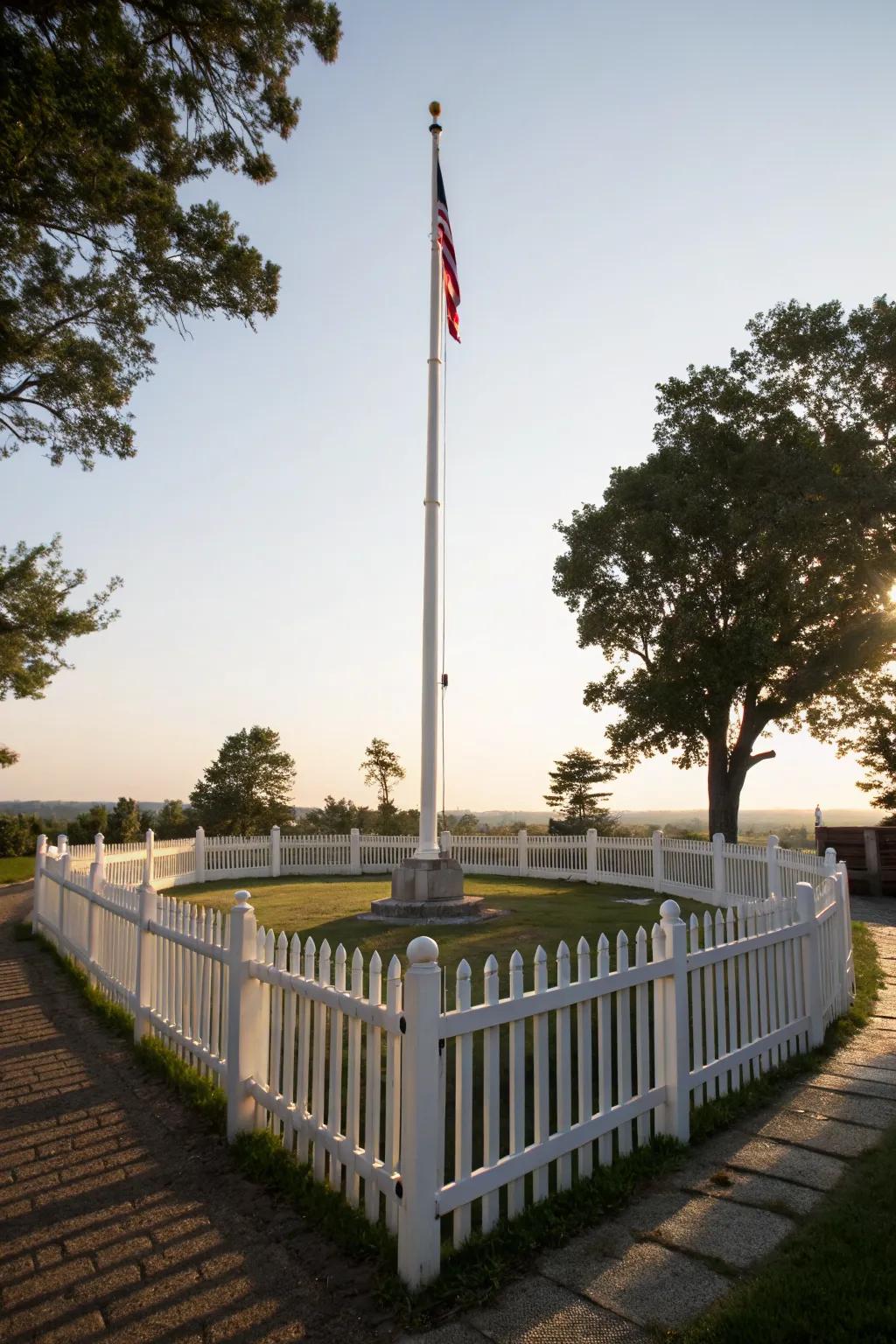 A low fence defines and beautifies the flagpole area.