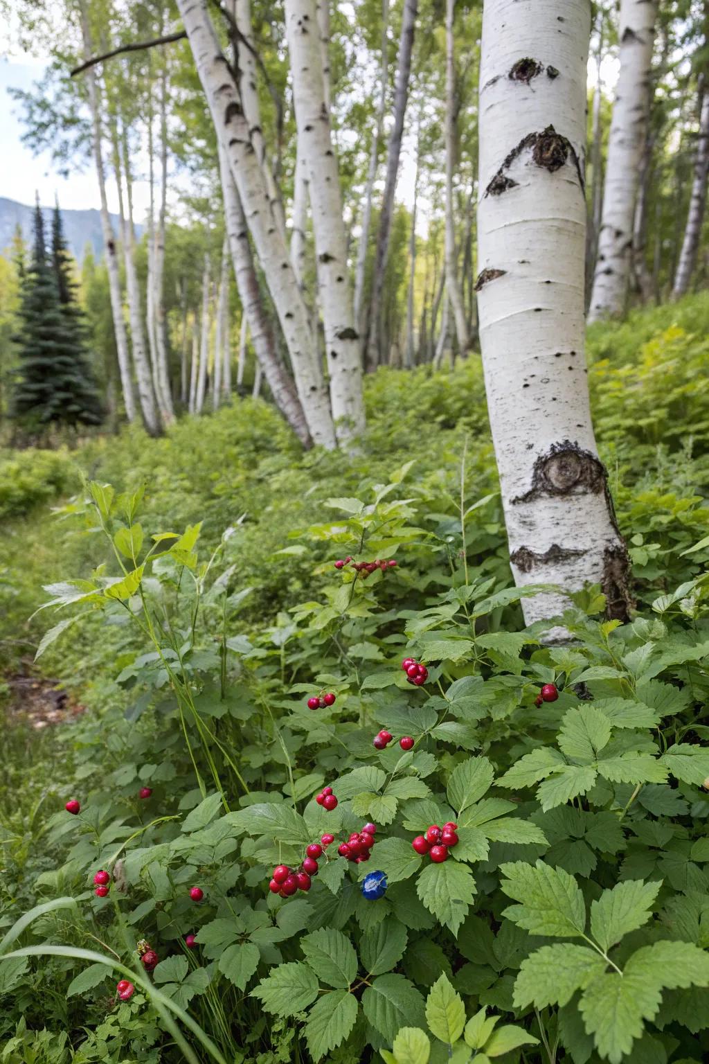 Edible plants add practicality and lushness to a birch tree landscape.