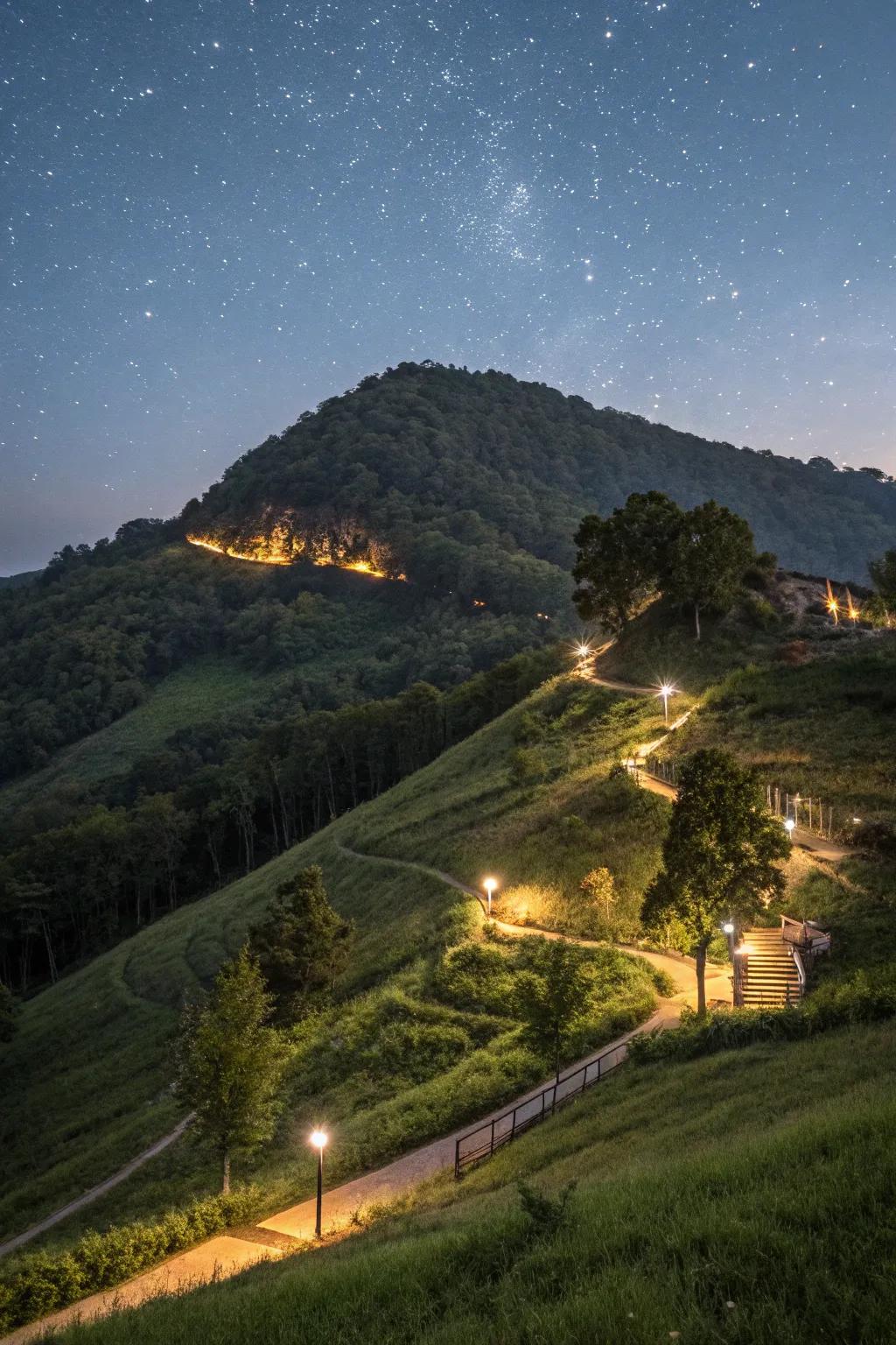 Lighting adds drama and enchantment to hillsides.