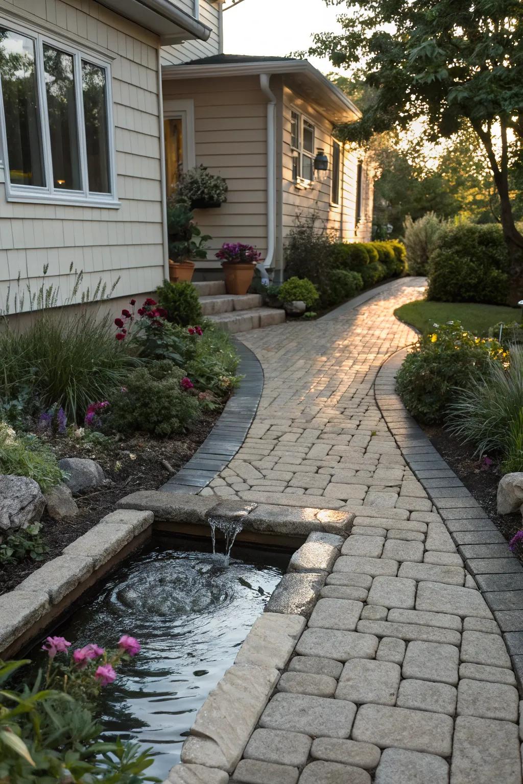 A reflective water feature adds elegance and tranquility to your front walkway.