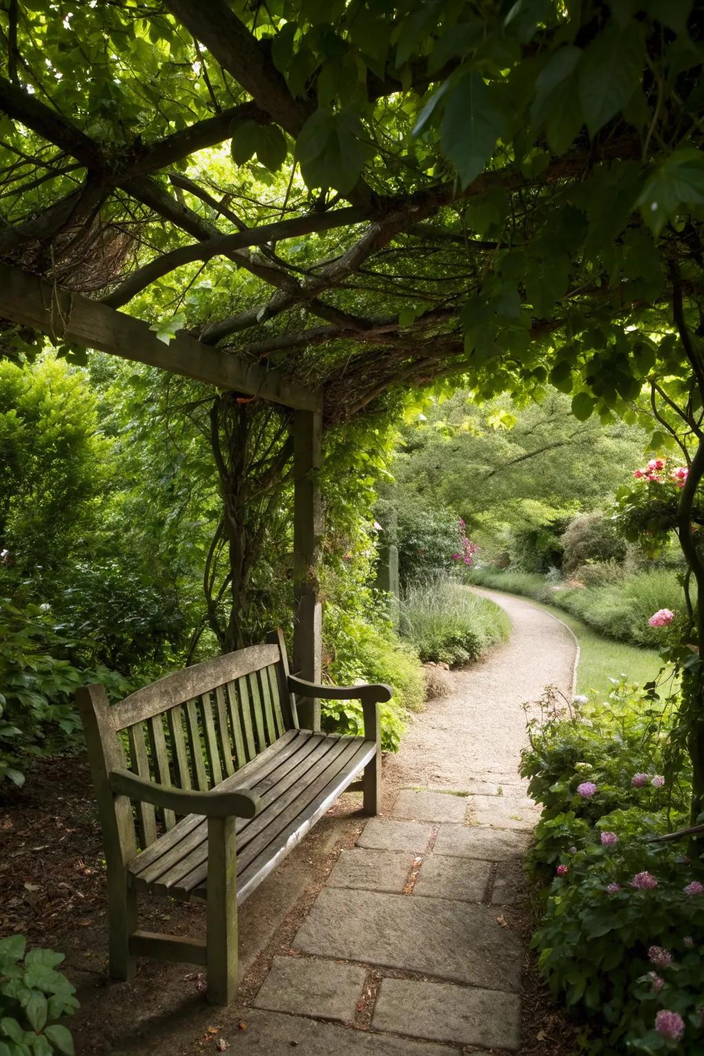 A cozy seating nook offers a peaceful retreat in shaded areas.