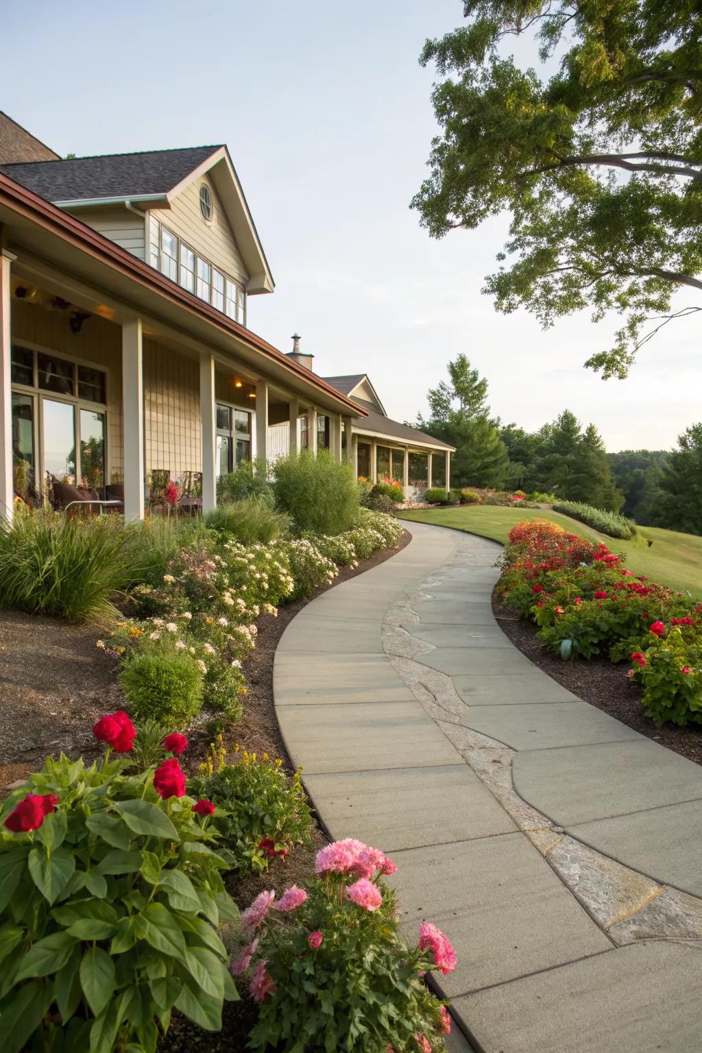 Curved paths and plants enhance the home's architecture.