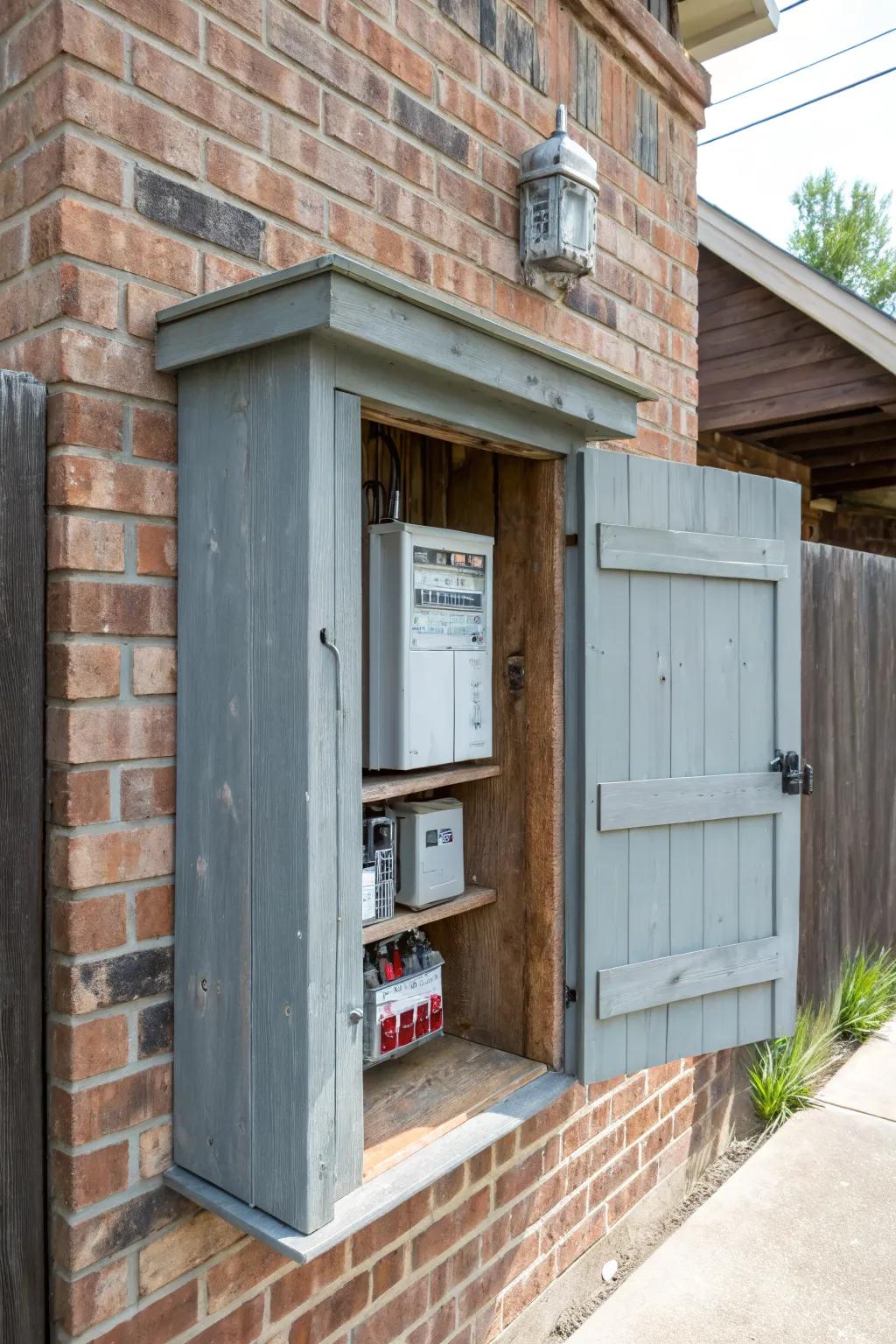 Repurposed cabinets offer a creative way to hide wall-mounted utility boxes.