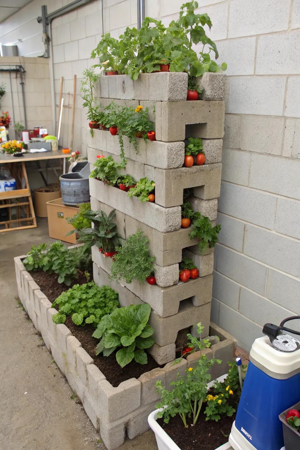 A practical vertical vegetable garden with cinder blocks.