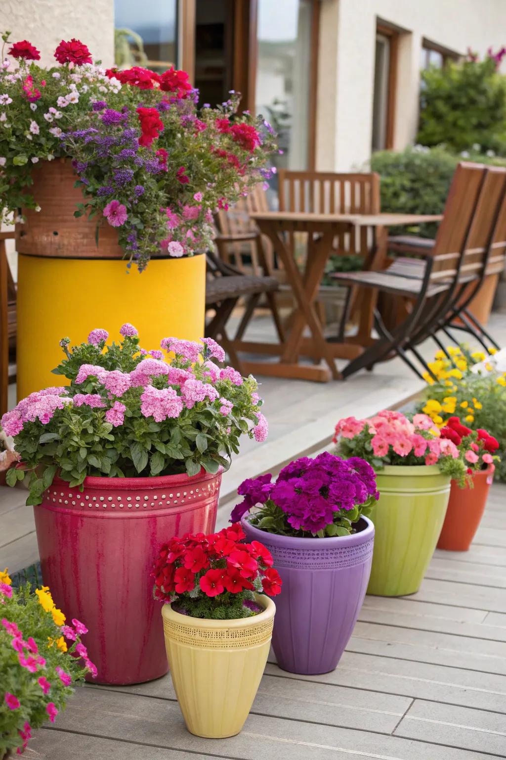 Colorful containers add vibrancy and interest to patios.