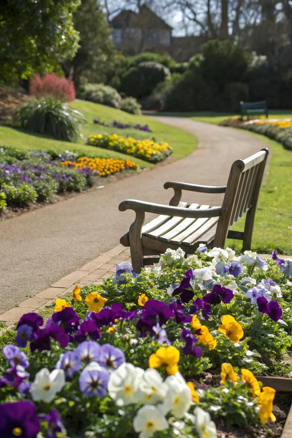 A cozy garden bench accented by vibrant pansies.