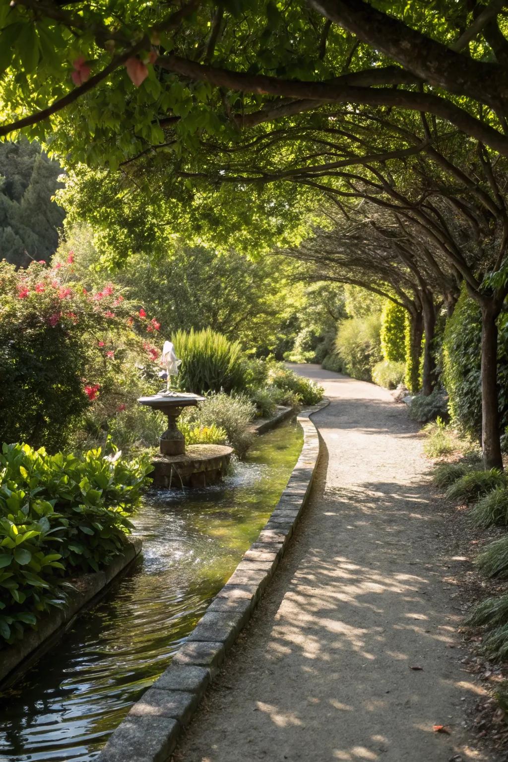 Water features along pathways create a serene garden atmosphere.