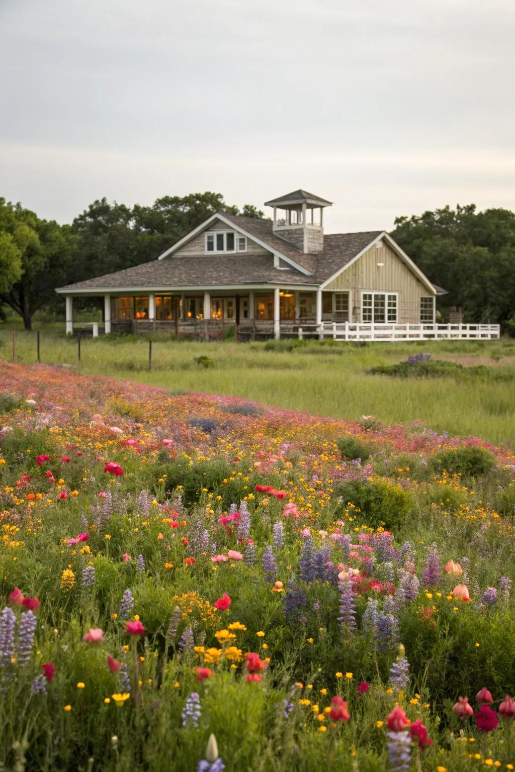 A lush wildflower meadow bringing natural beauty to a ranch-style home.