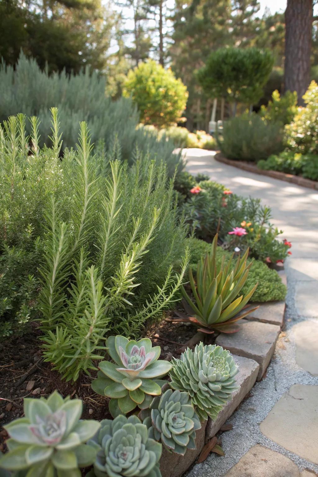 A sustainable garden featuring rosemary and succulents.
