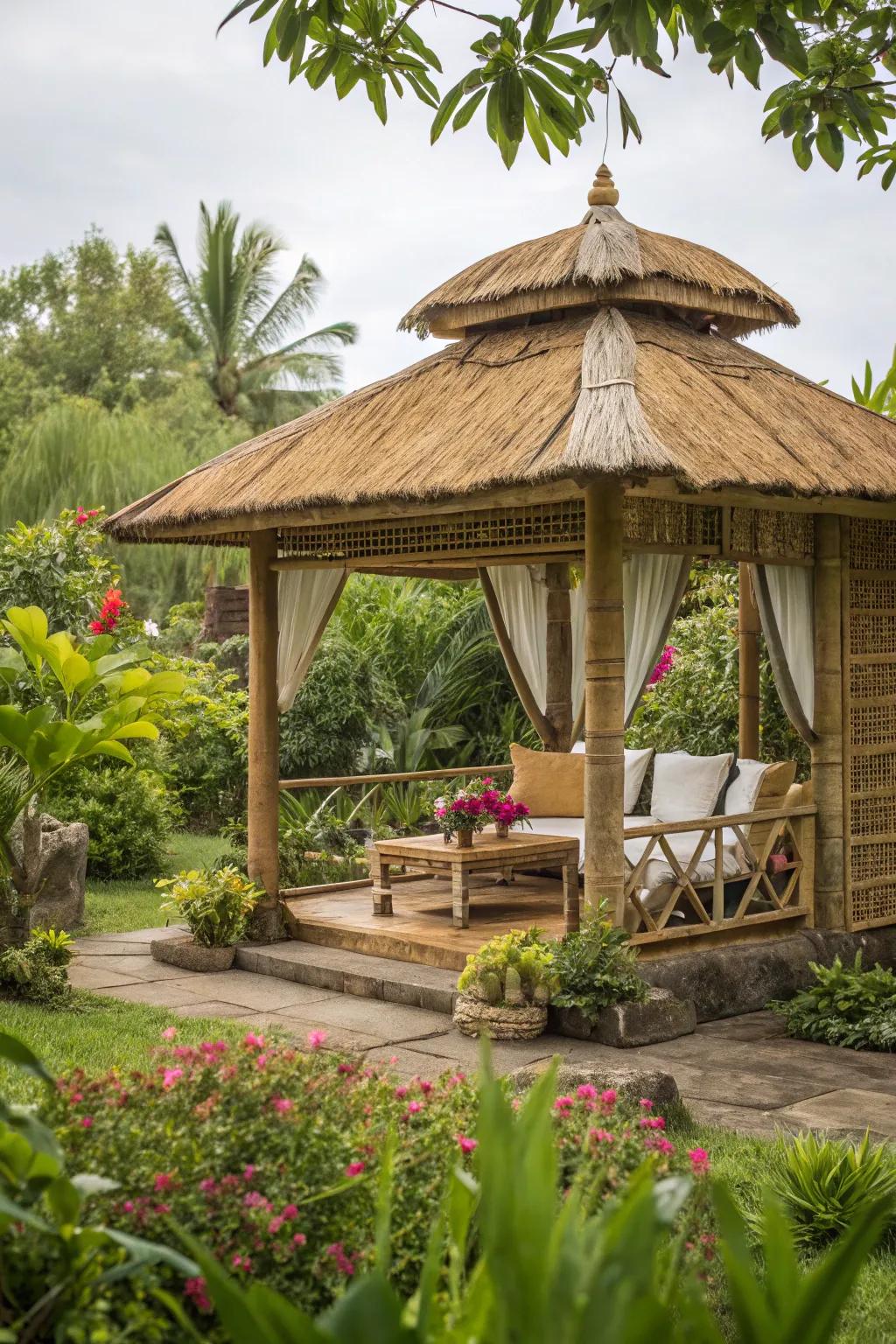 A bamboo gazebo creates a perfect spot for relaxation and socializing.