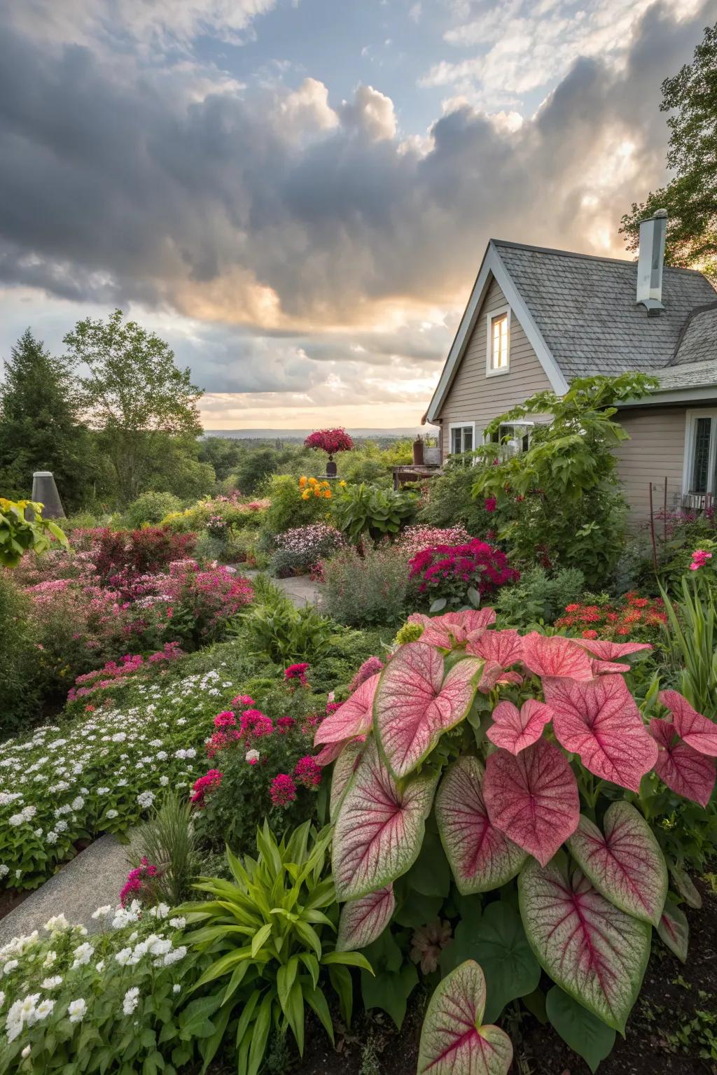 Add cottage charm with caladiums and perennials.