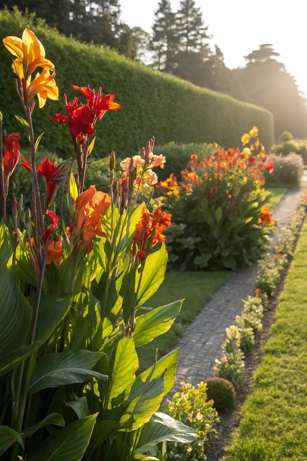 Canna lilies in sunlit garden borders