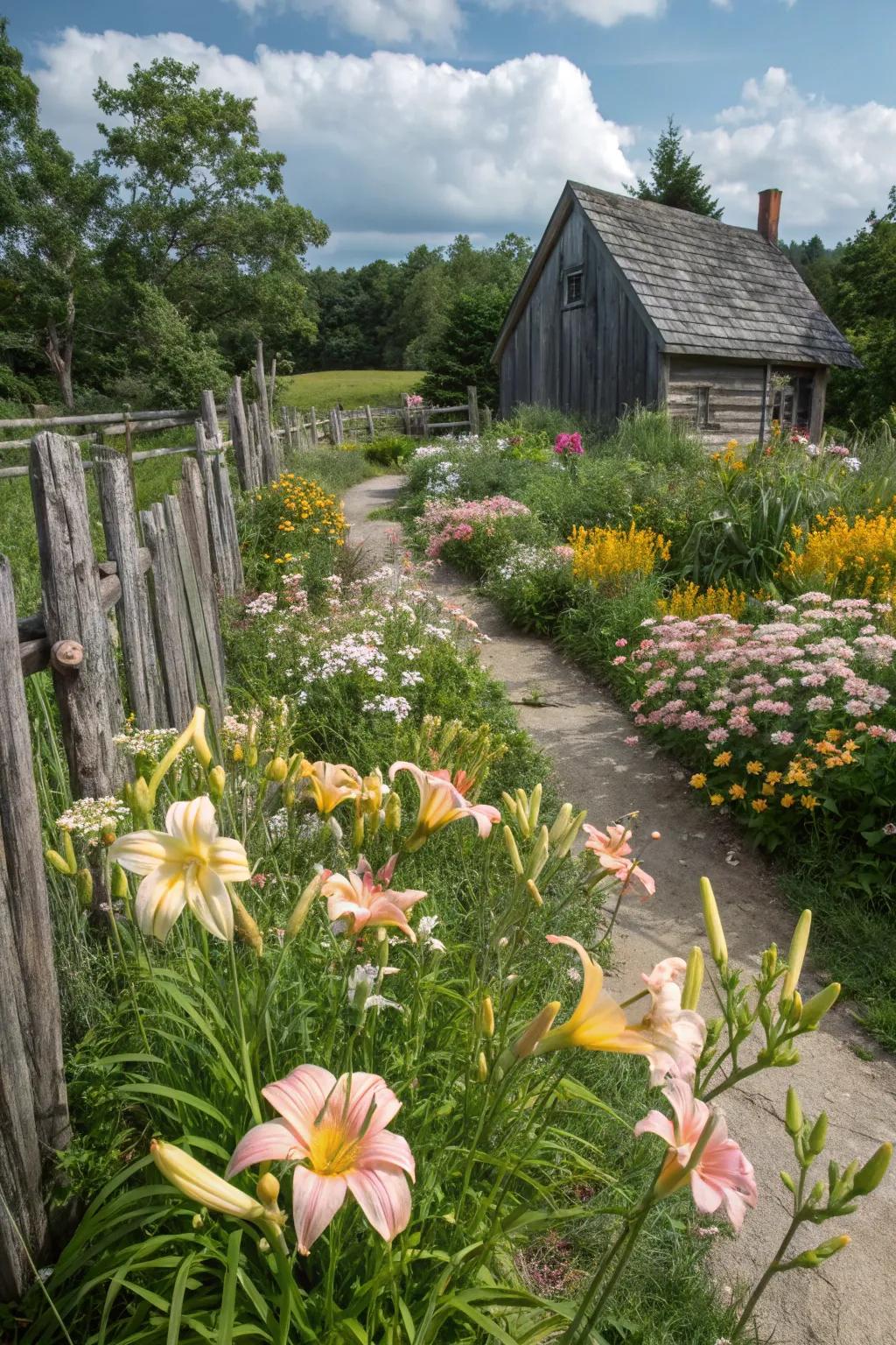 A rustic blend of daylilies and wildflowers.