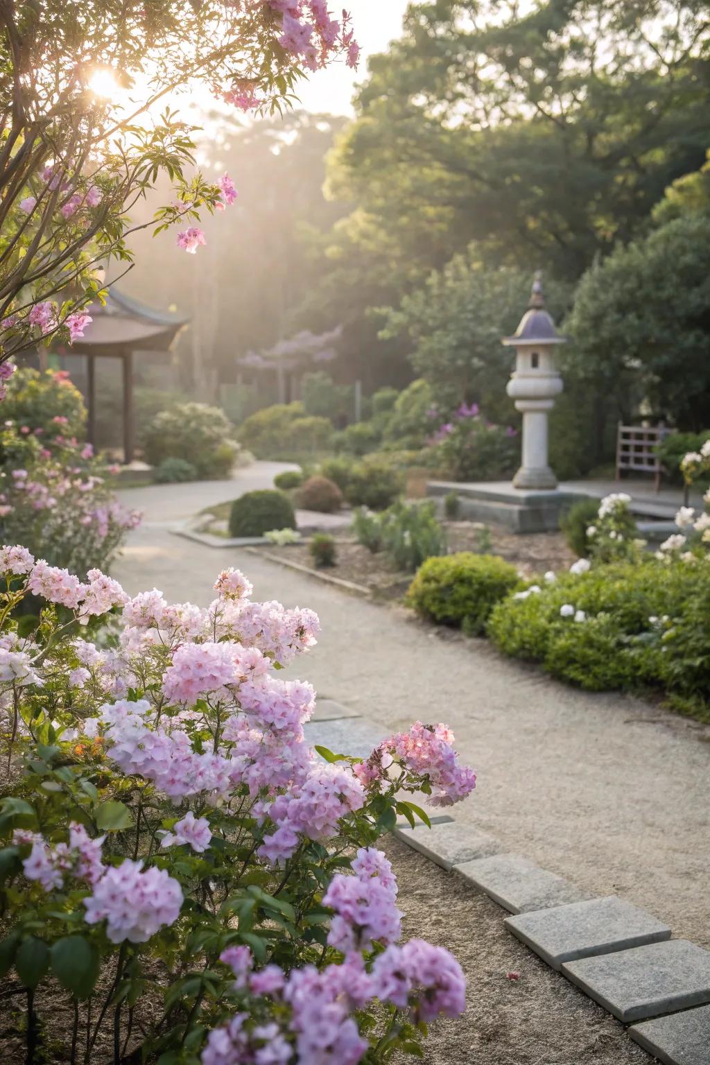 A serene meditation garden with calming colors and scents.