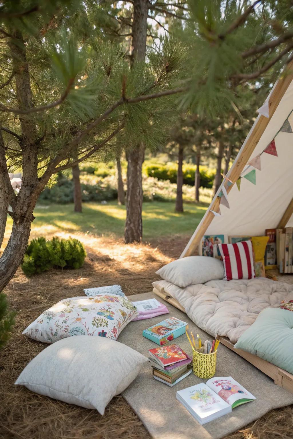 A children's nook offers a magical play space under pines.
