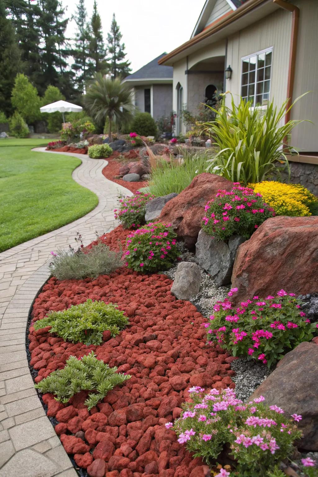 Red lava rocks allow for easy seasonal design changes.