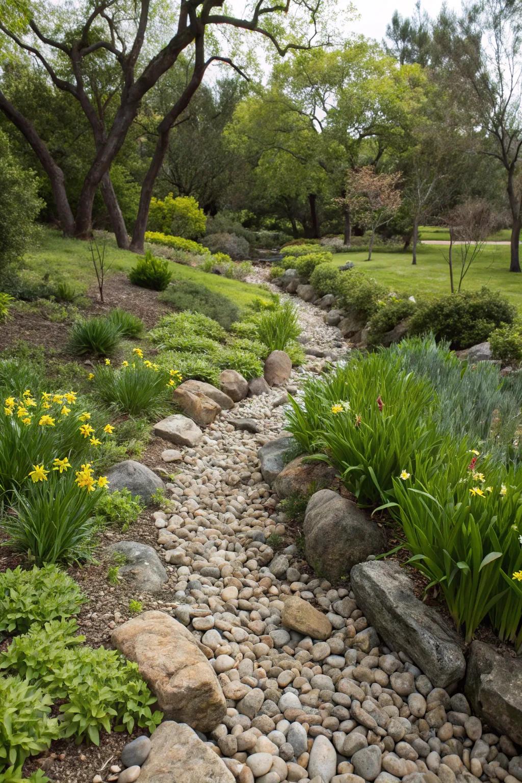 A dry creek bed adds the illusion of water movement in your garden.