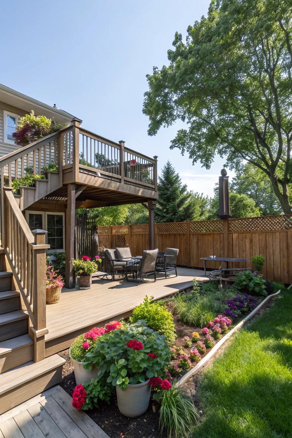 A multi-level deck defines spaces and adds visual interest.
