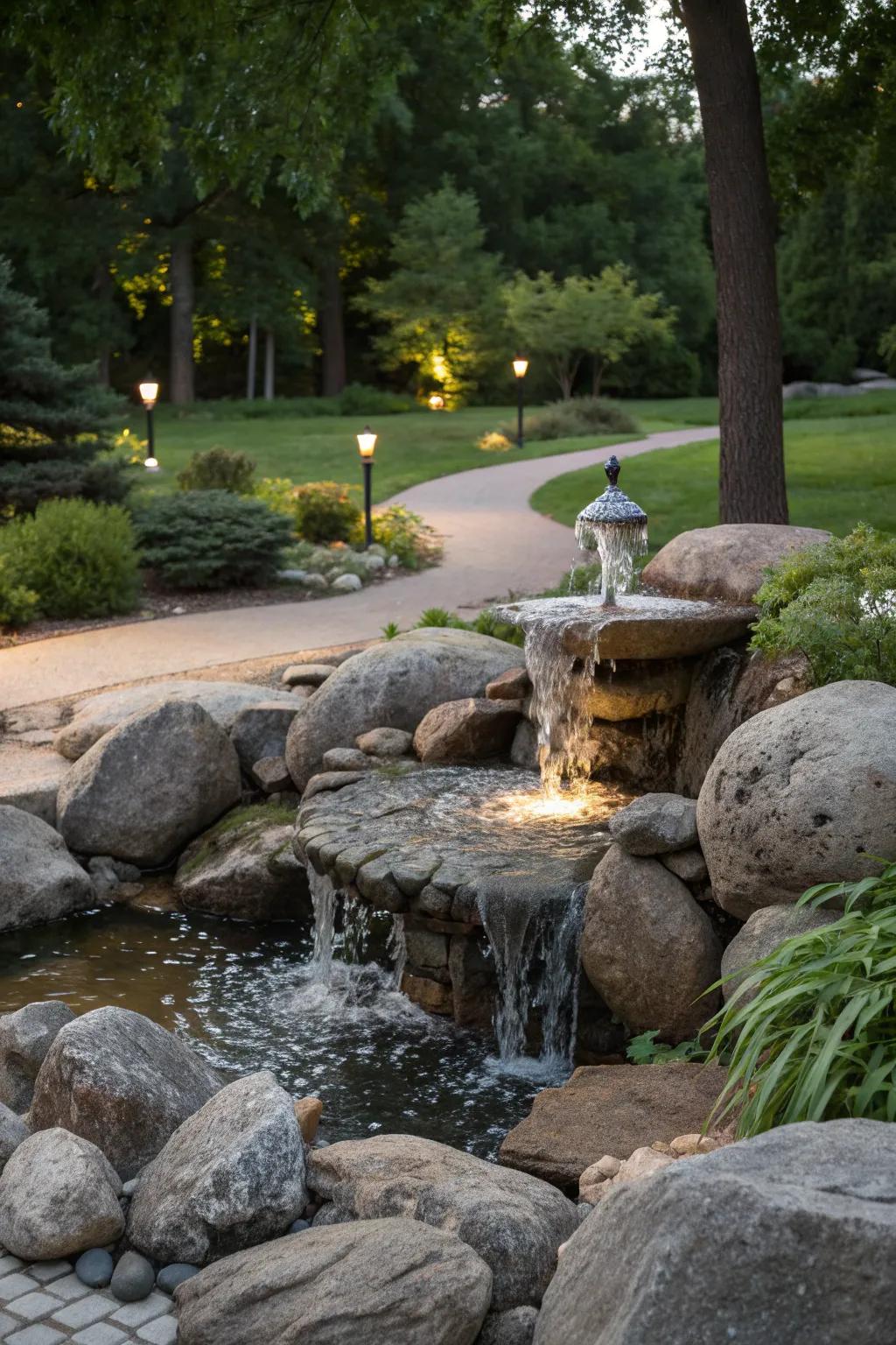 Boulders transform fountains into serene natural springs.