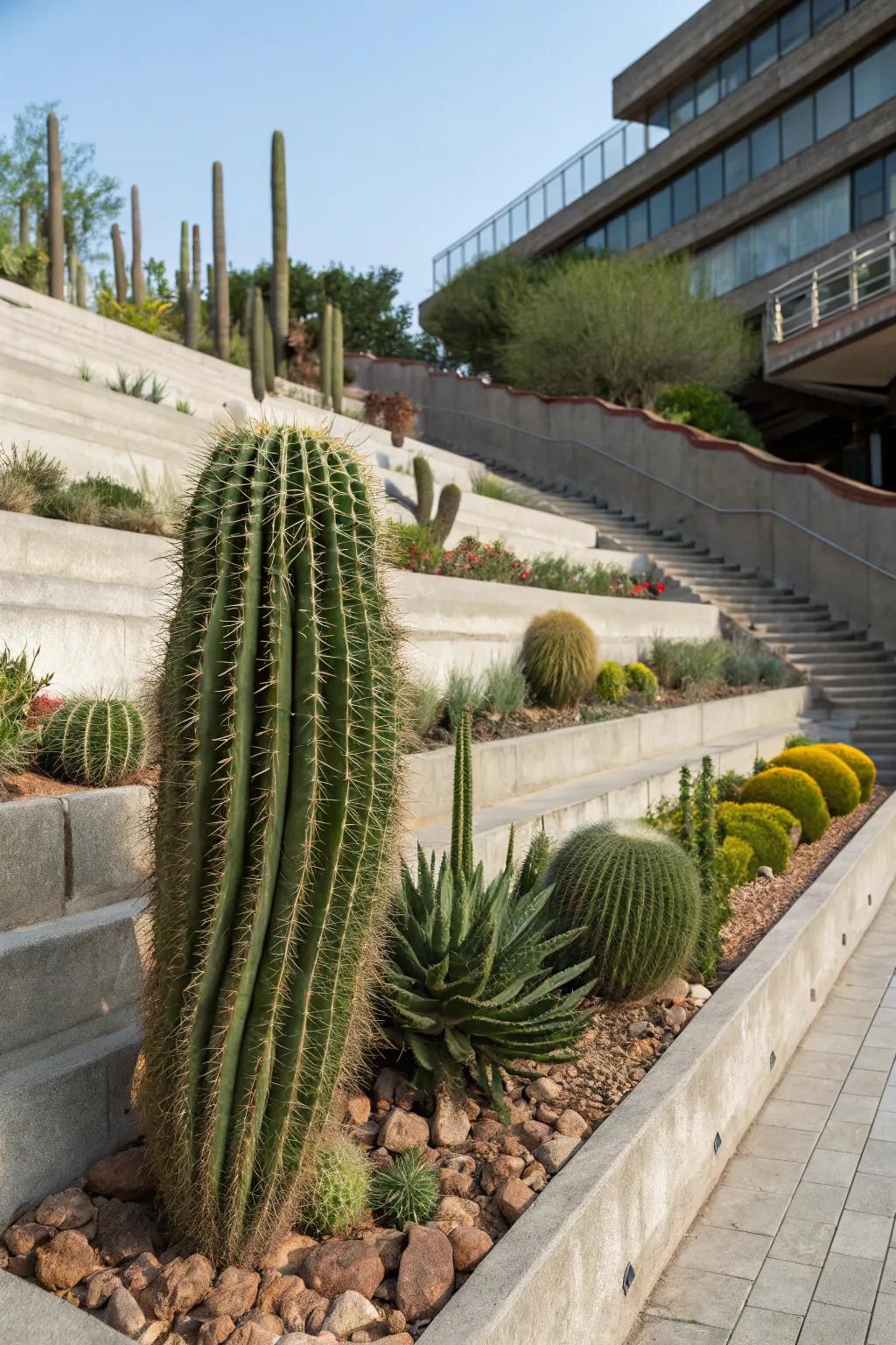 Terraced planters showcase cacti at varying heights for dynamic displays.
