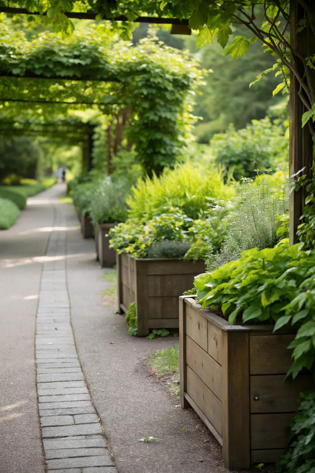 Planter boxes make stunning borders for garden paths.