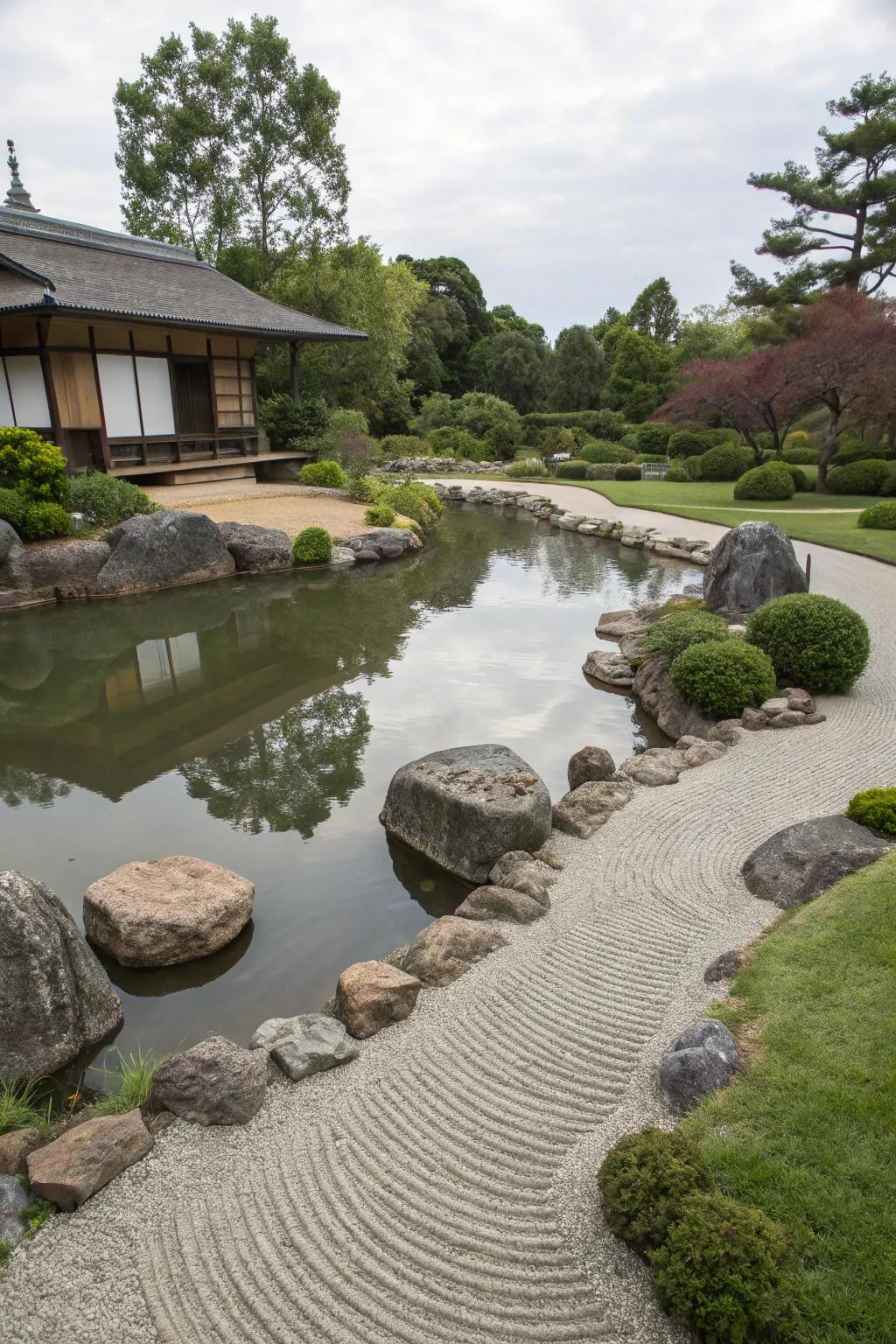 Zen garden elements bring tranquility to a large pond area.