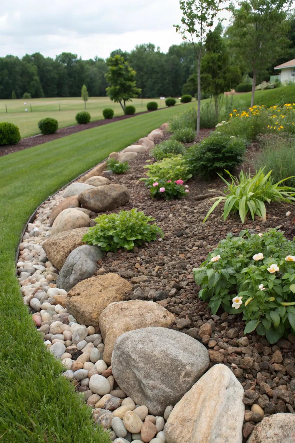 Long-lasting river rock mulch in garden beds.