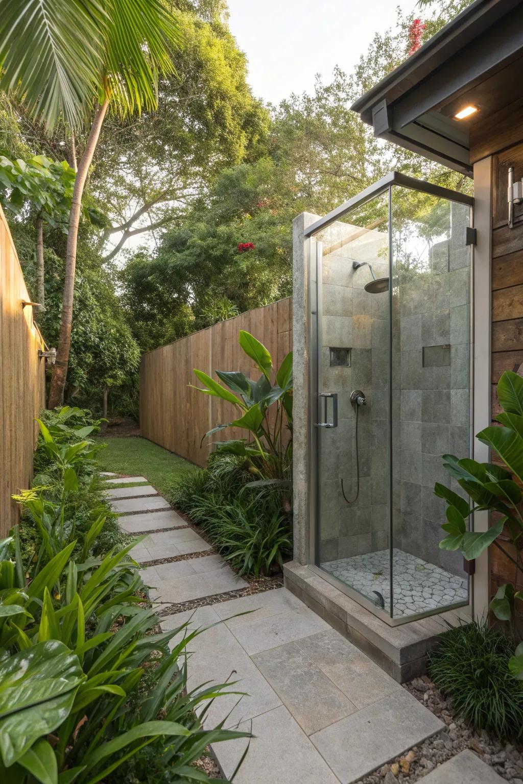 An outdoor shower offers a refreshing, nature-connected experience.
