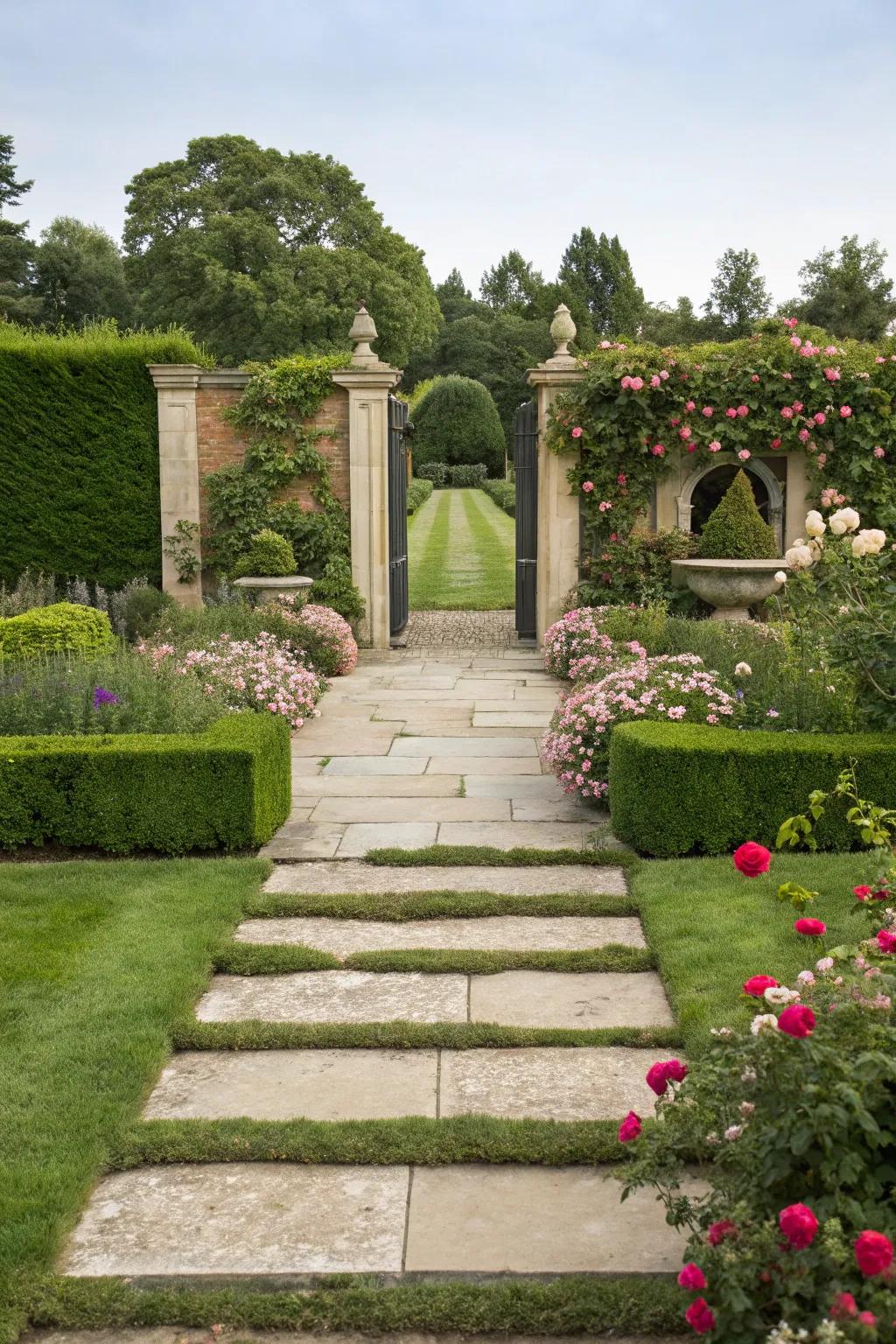 Large flagstones create a grand entrance to the garden.