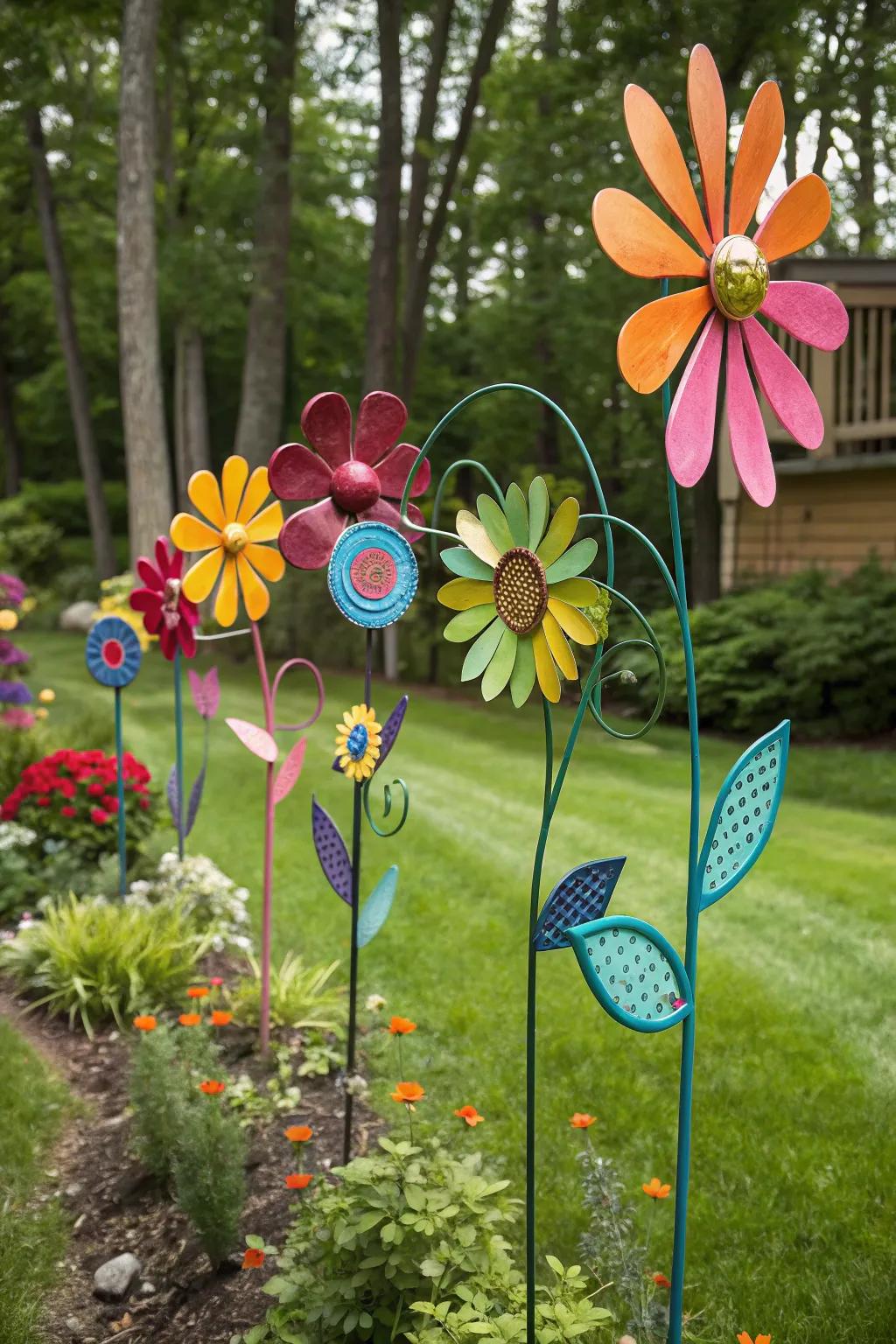 Colorful metal flowers can add year-round vibrancy to your garden.