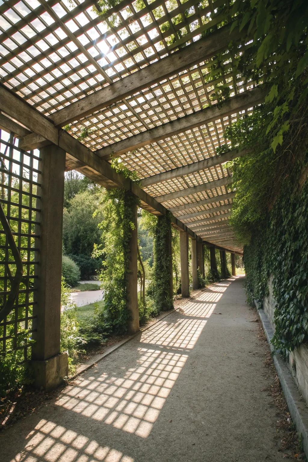 A pergola enhanced by a lattice roof for a chic outdoor retreat.