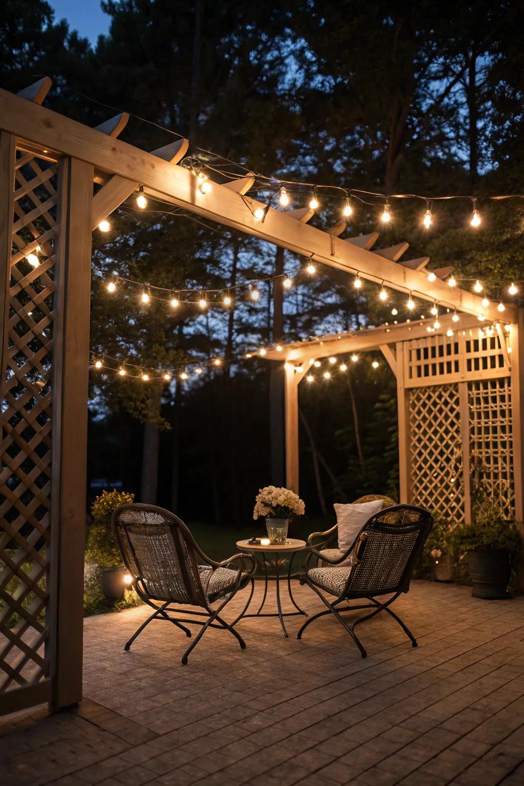 A magical patio atmosphere enhanced by string lights draped over lattice.