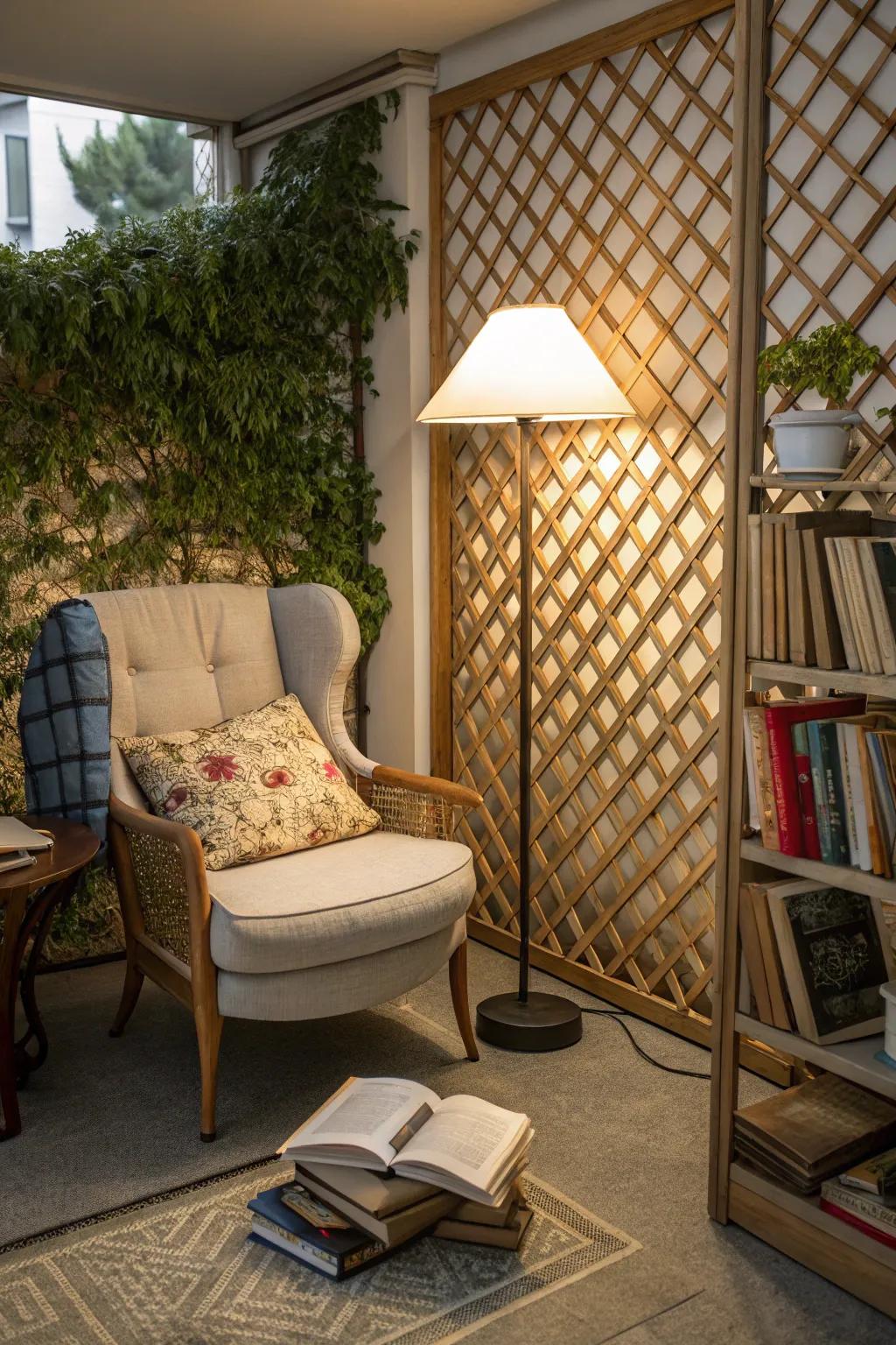 Lattice walls create the perfect backdrop for a reading nook.