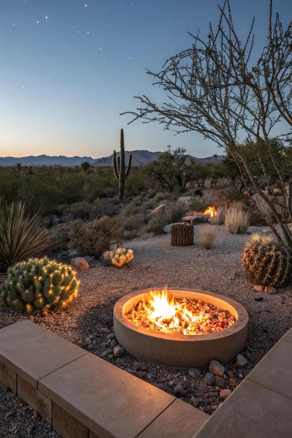 A desert oasis-themed fire pit with sandy-colored lava glass.