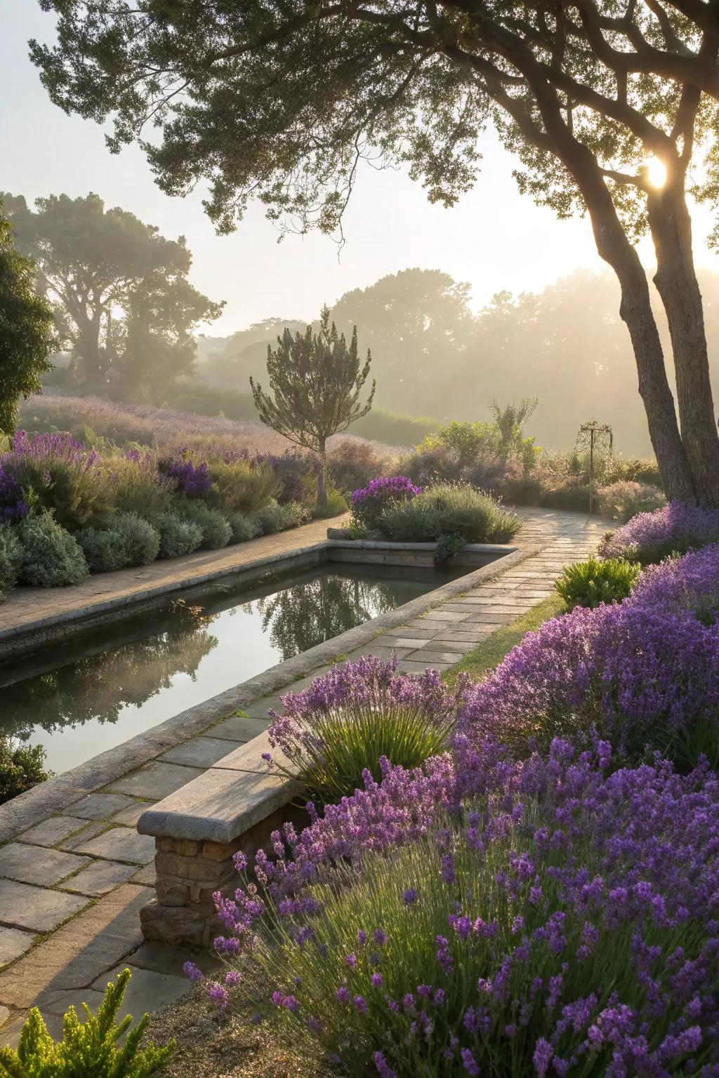 A tranquil garden featuring lavender by a water feature.