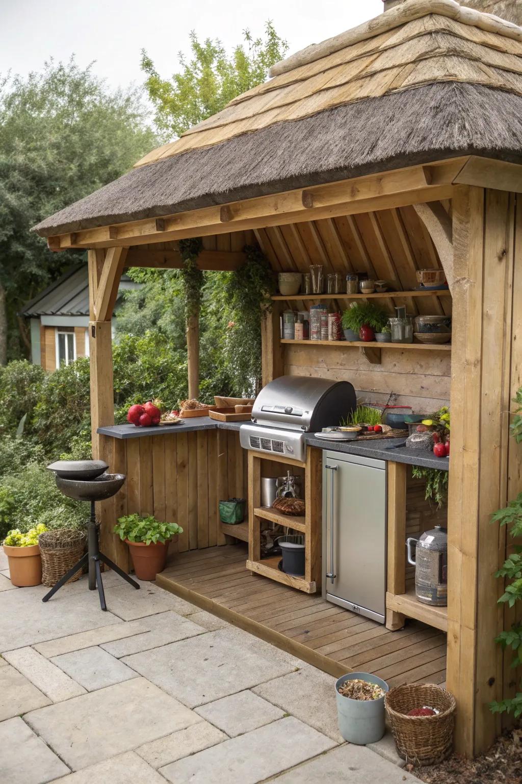 An outdoor kitchen extension under a lean-to roof.