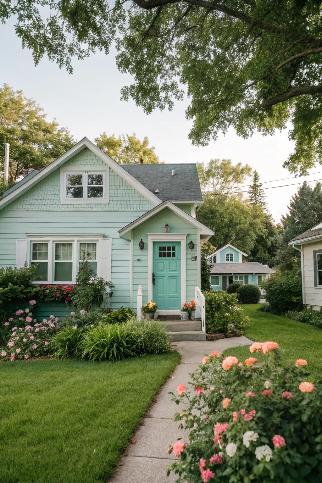 A mint green door provides a fresh and calming entrance.