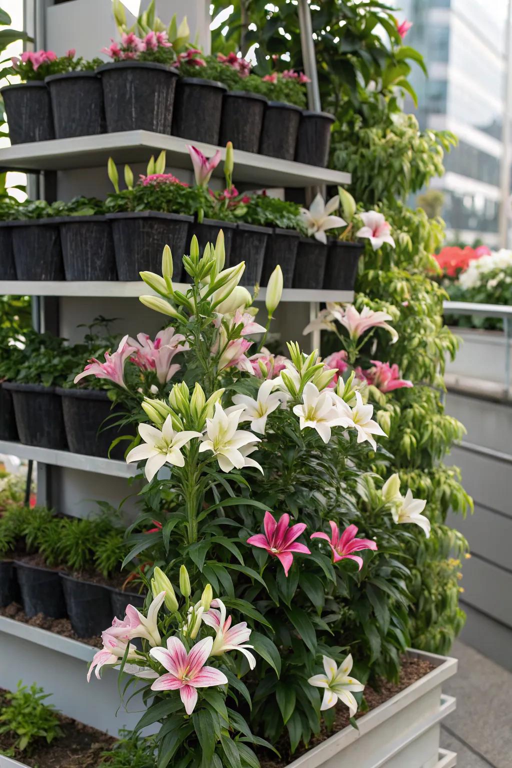 Vertical gardening maximizing space with lilies.