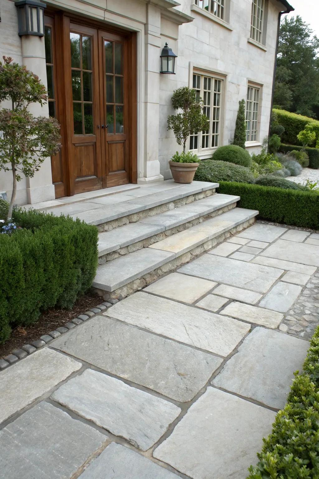 A driveway with limestone steps creating a dynamic entryway.