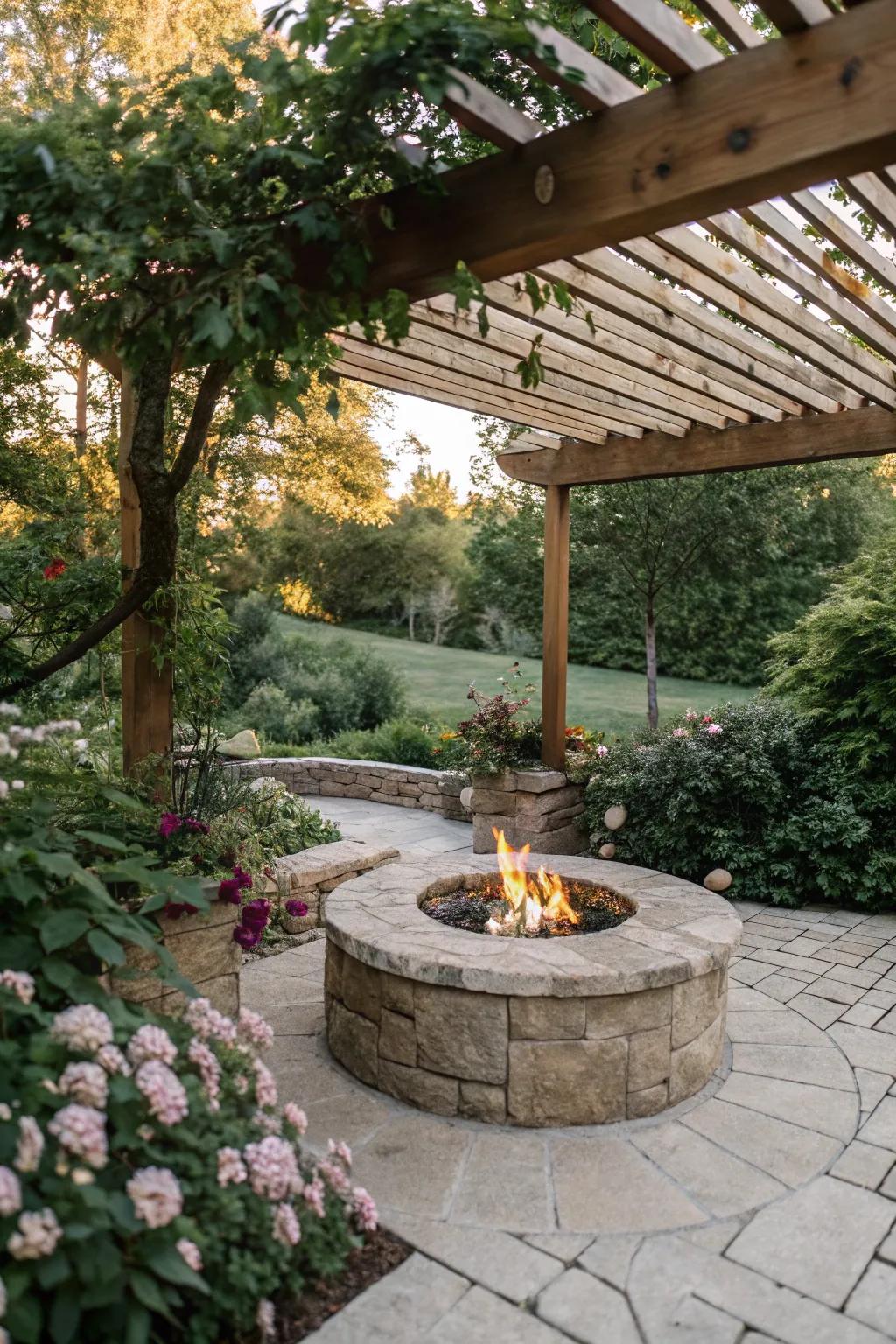 A pergola adds charm and shade to your fire pit area.