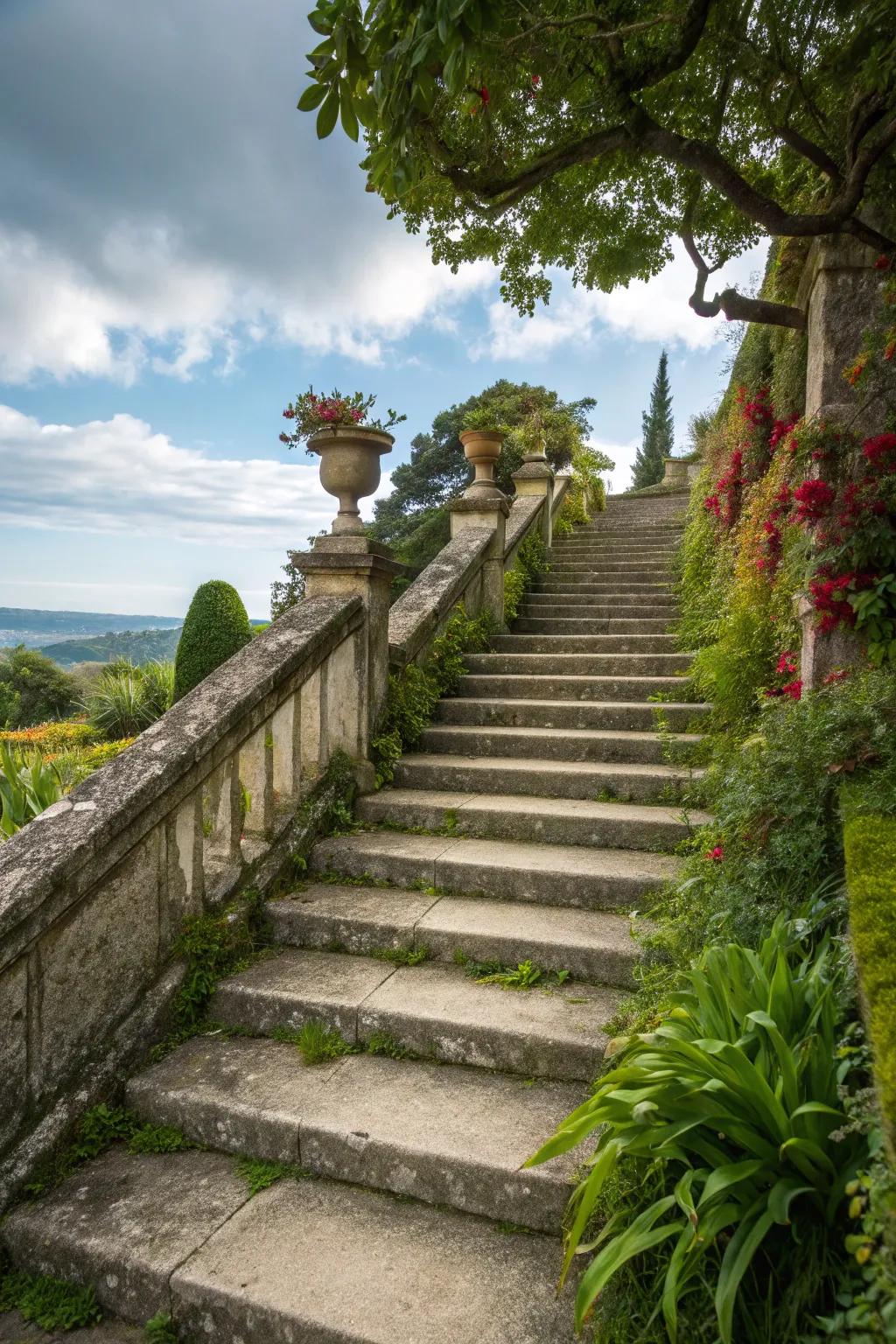 Limestone stairs add grandeur to garden entries.