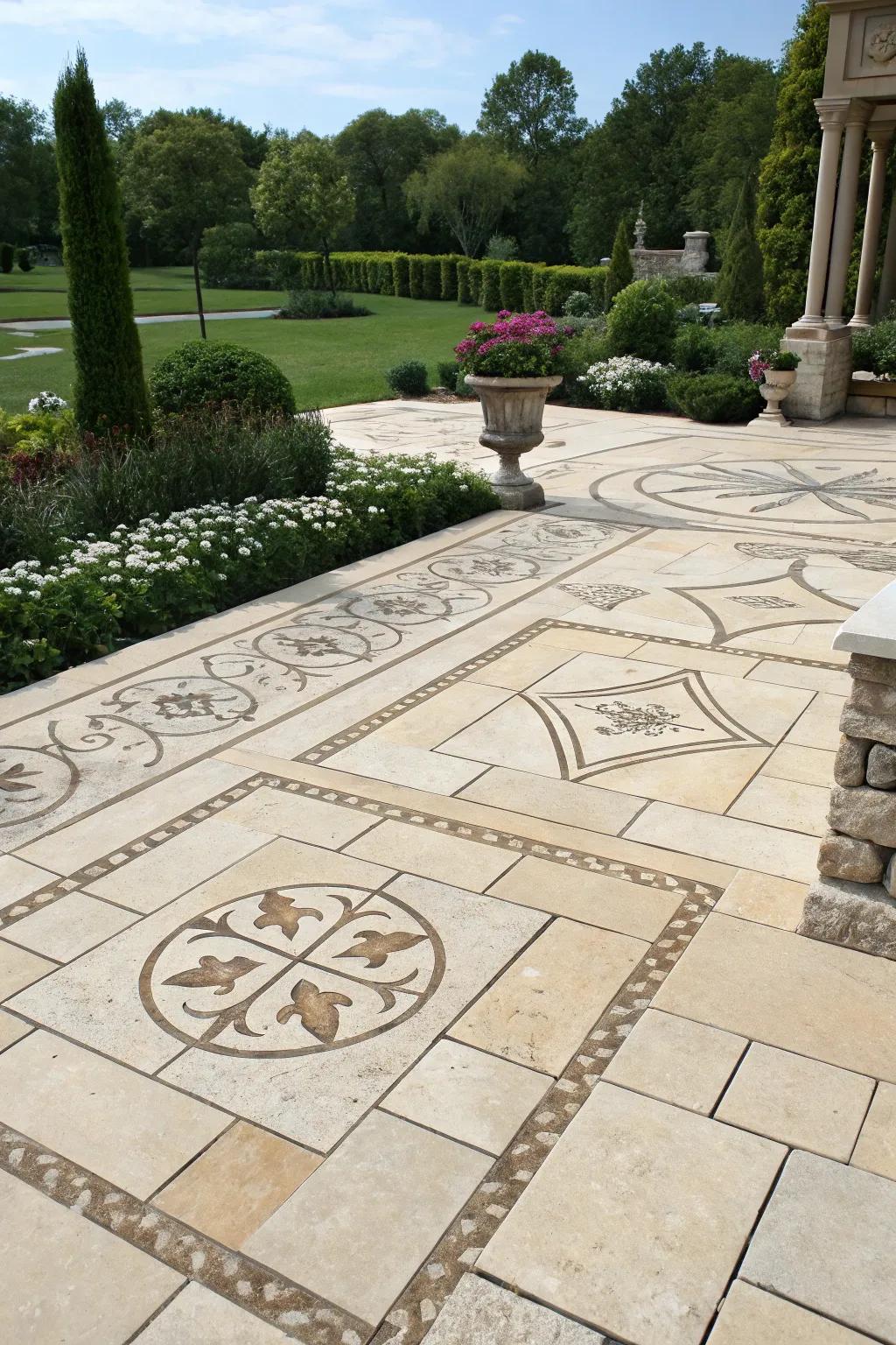 Artistic stone inlays add a personalized touch to your patio.