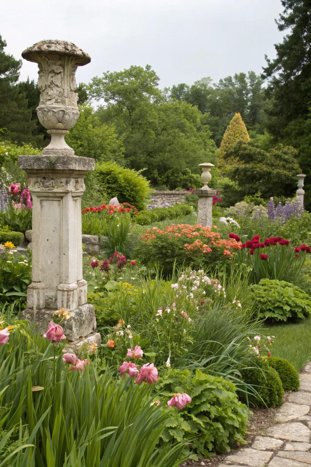 Sculptural limestone pieces add an artistic flair to the garden.