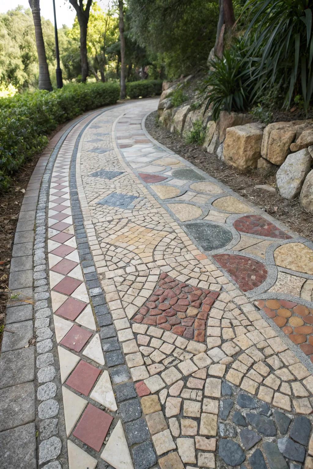 Artistic mosaic limestone path with varied shades.