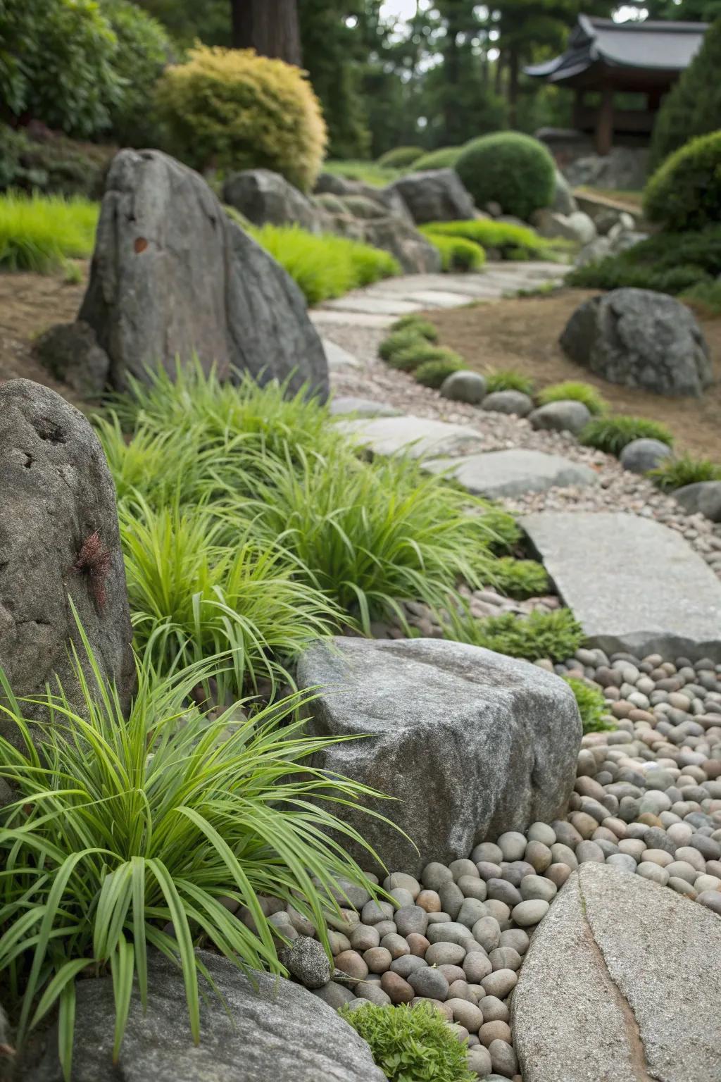 Liriope adding vibrant green to a rock garden landscape.