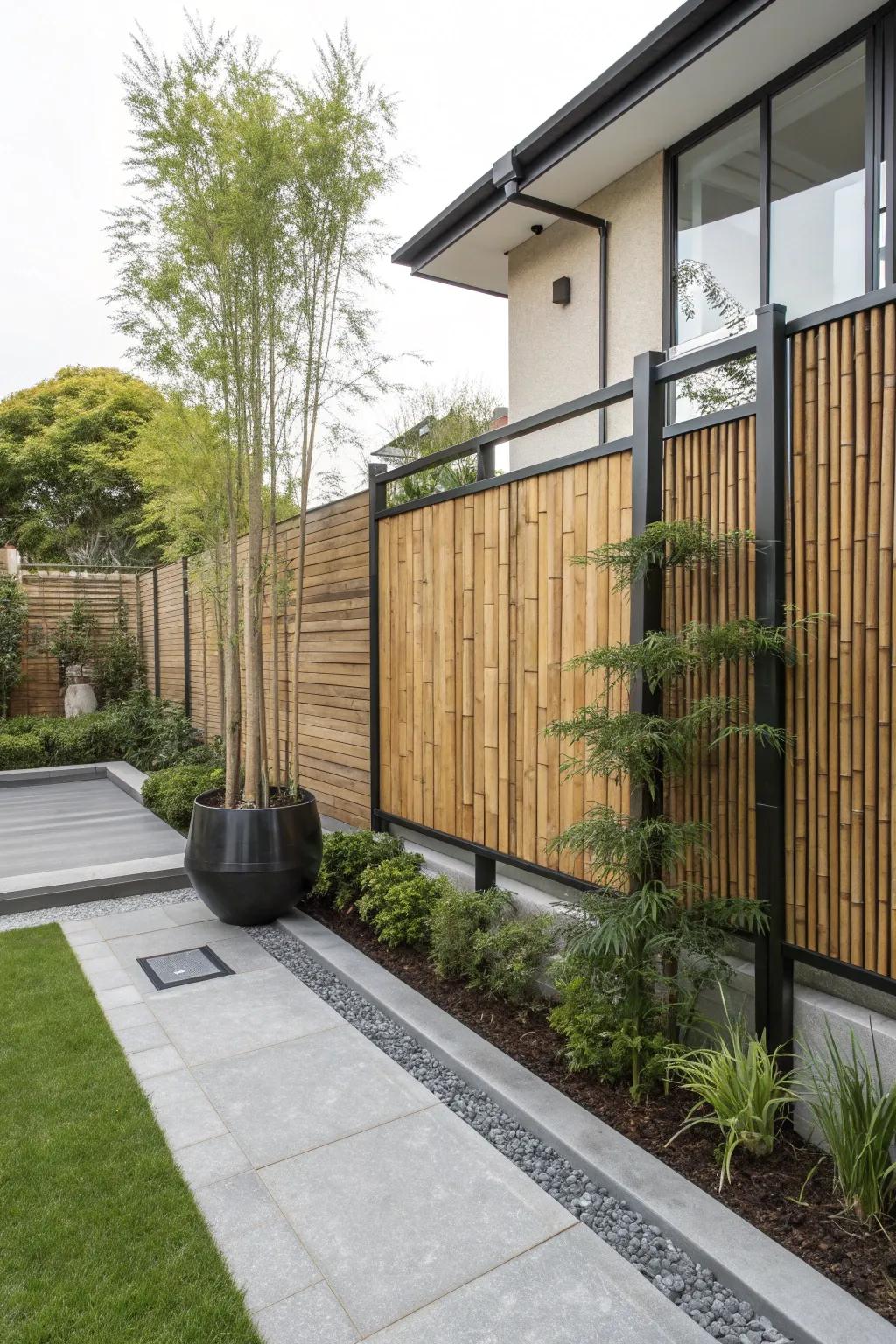 A sleek bamboo and metal hybrid fence adding a modern touch to a backyard.