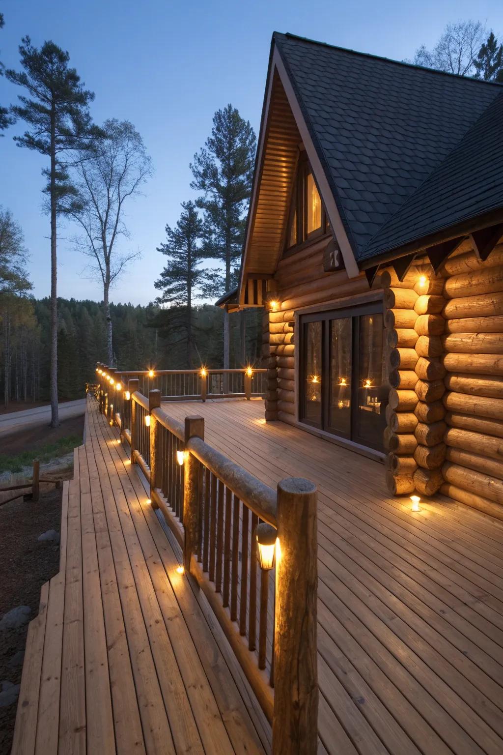 Integrated lighting along the railings adds evening ambiance and safety to the deck.