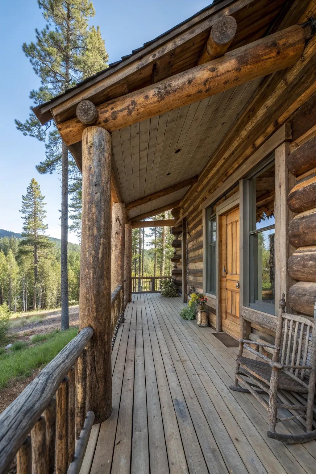 Reclaimed materials bring sustainability and unique character to a log cabin porch.